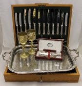 A silver plated canteen of cutlery, box, together with a plated tray,