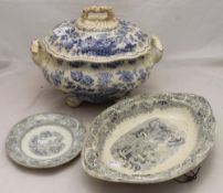 A Victorian blue and white soup tureen and dishes