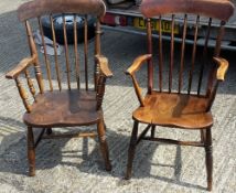 Two Victorian elm seated stick back armchairs