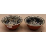 Two Chinese red and blue bowls