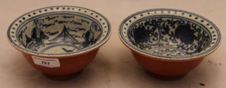 Two Chinese red and blue bowls