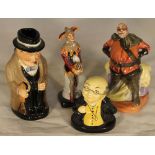 Three various Doulton figures and Churchill character jug