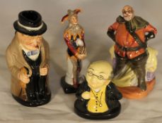 Three various Doulton figures and Churchill character jug