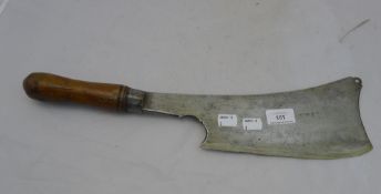 An 18th century yew wood handled cleaver with watered steel blade