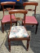 Three Victorian mahogany dining chairs and a large tile topped oak coffee table