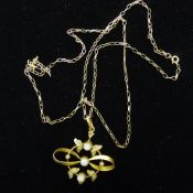 An Art Nouveau 9 ct yellow gold, opal and pearl pendant on a 9 ct chain,