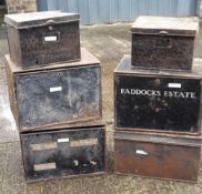 A quantity of tin deed/estate boxes and a trunk