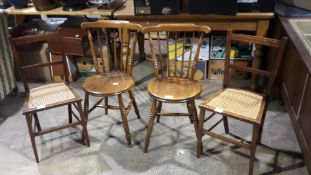 Two stick back kitchen chairs and two cane seated chairs