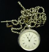 A silver cased chronograph pocket watch and a chain