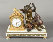 An early 20th century French bronze and gilt metal mounted white marble mantel clock by F Martin,