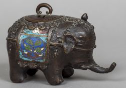 A Chinese bronze and enamelled censor Modelled as an elephant with pierced cover. 12.