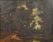 CONTINENTAL SCHOOL (18th/19th century) Figure in a River Landscape Oil on canvas Old label to verso