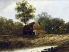 CHARLES GREVILLE MORRIS (1861-1922) British Thatched Cottage in a River Landscape Oil on