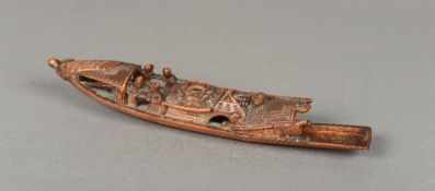 A Chinese carved bamboo barge group Typically worked. 28 cm long.