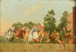 Attributed to JOHANN EVANGELIST HOLZER (1709-1740) Figures Dancing on a Terrace Oil on panel 22 x