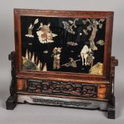 A Chinese hardstone and gilt decorated table screen Worked with a warring figure and attendants