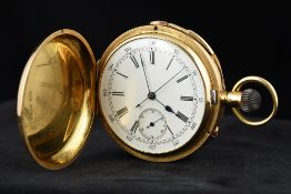 An 18 ct gold minute repeating full hunter pocket watch The front of the case engraved with a