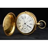 An 18 ct gold minute repeating full hunter pocket watch The front of the case engraved with a
