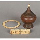 A 19th century treen box and cover Of rounded stepped form surmounted with an ivory finial;