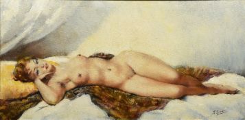 CONTINENTAL SCHOOL (20th century) Reclining Nude Oil on canvas Signed 98.5 x 48.
