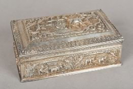 A 19th century Indian unmarked silver box Of hinged rectangular form,