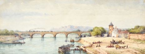 GABRIELE CARELLI (1820-1900) Italian Busy River Scene with Steam Train Crossing a