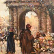*ARR KEN MORONEY (born 1949) British The Flower Stall Oil on canvas Signed 28.