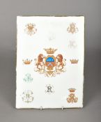 A Continental porcelain Trademen's sample plaque Decorated with samples of coats-of-arms and