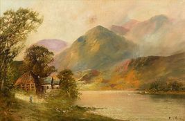 MONTGOMERY ANSELL (19th century) British Figure Before a Cottage in a Highland Loch Scene Oil on
