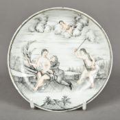 A Chinese Export porcelain saucer Decorated with European figures in a manage a tois with cupid