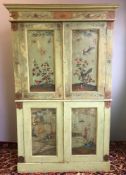 A 19th century painted pine linen press Decorated in the chinoiserie manner with bird filled and