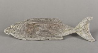 A tribal, possibly Polynesian, carved wooden pigment dish Of shallow form, modelled as a fish. 31.