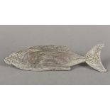 A tribal, possibly Polynesian, carved wooden pigment dish Of shallow form, modelled as a fish. 31.