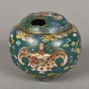 A small cloisonne censor Of squat bulbous form with a pierced removable lid,