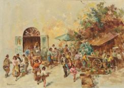 GIANNETTI (20th century) Continental Busy Continental Market Scene Oil on board Signed 69 x 50 cm,