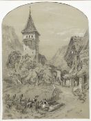 CONTINENTAL SCHOOL (19th century) Figures in a Tyrolean Village Charcoal heightened with