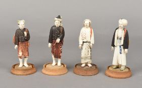Four early 20th century Burmese carved ivory and polychrome decorated Shan figures All worked in