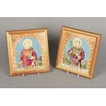 A pair of 19th century Continental religious needlework panels One depicting St Laurentius,