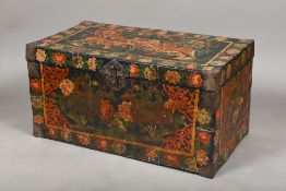 A 19th century Chinese polished steel mounted painted leather bound trunk The hinged lid decorated