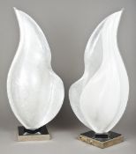 A pair of Rougier of Canada acrylic table lamps Each of shell form with solid white and pearlescent