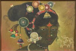 INDIAN SCHOOL (20th century) Portrait of a Bejewelled Girl Oil on board Signed Ram 44 x 29.