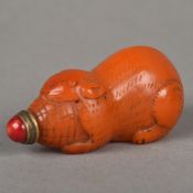 A Chinese amber glass snuff bottle Formed as a rabbit. 7 cm long.