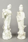 Two Chinese blanc de chine porcelain figures of Guanyin Both worked with flowing robes,