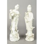 Two Chinese blanc de chine porcelain figures of Guanyin Both worked with flowing robes,