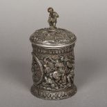 A 19th century Continental silver plated tobacco jar and cover The cover with figural finial,