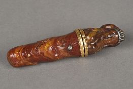 An 18th century yellow and diamond set white metal mounted figurally carved agate etui The hinged