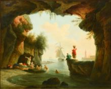 CONTINENTAL SCHOOL (20th century) Bathers in a Cove in an Italianate Seascape Oil on