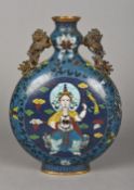 A Chinese cloisonne moon flask Of typical shape surmounted with twin gilt bronze temple lion