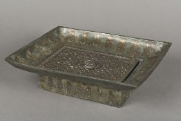 An antique Eastern unmarked silver inlaid bronze censor Of dished rectangular form with pierced