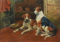 After JOHN EMMS (1844-1912) British Hounds in a Stable Interior Oil on canvas laid down Bears